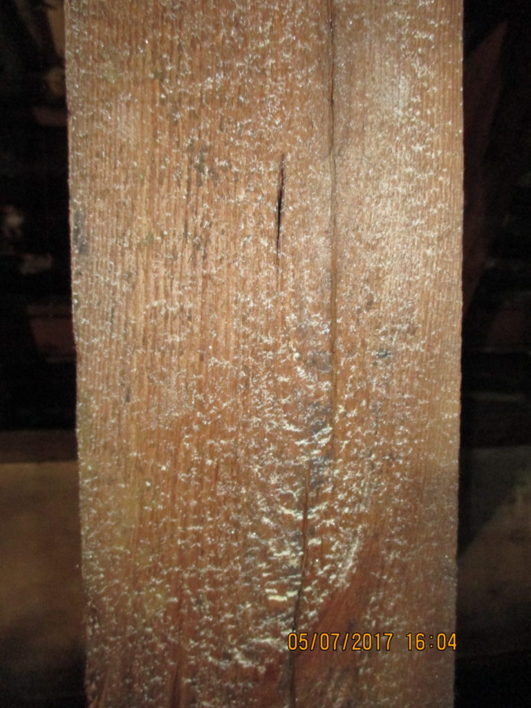 Holz mit grauen Kristallen wegen dem Holzschutzmittel Hylotox